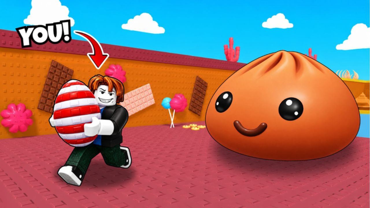 Steal an Egg for Squishy Dumplings — player carrying a stolen egg toward base on Roblox